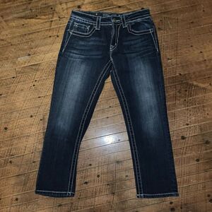 Miss Me bling blue fleur de lis festival Boyfriend Capri jeans